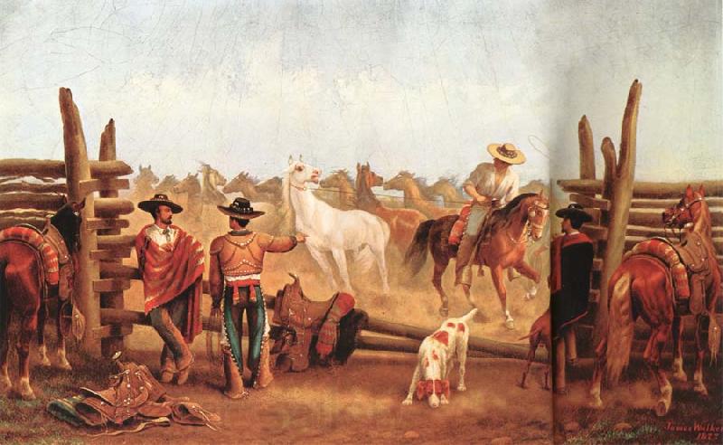 James Walker Vaqueros roping horses in a corral Norge oil painting art